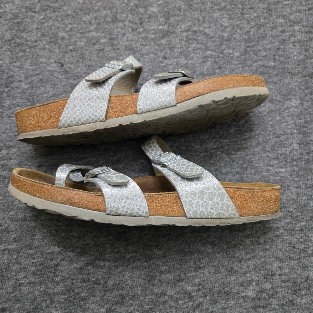 Birkenstock Mayari Sandals Women 40 Silver Snake Print Glitter Strappy Comfort - Picture 10 of 11